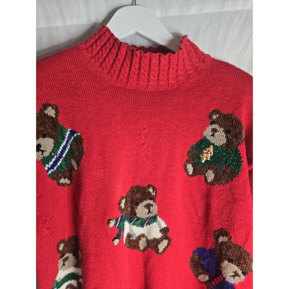Marisa Christina 1994 Christmas Sweater Size Medium Red Teddy Bears Mock Neck - Picture 8 of 14